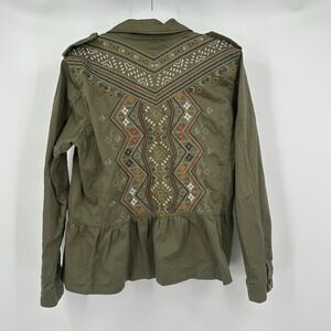 Womens Boho Utility Jacket Sz L Embroidered Peplum Army Green Minimalist Cottage